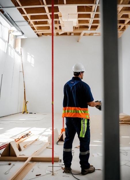 La photo du constructeur dans un gilet de construction et un casque orange debout sur le fond du studio