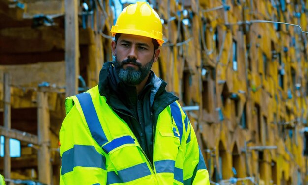 La photo du constructeur dans un gilet de construction et un casque orange debout sur le fond du studio