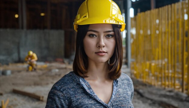 Photo la photo du constructeur dans un gilet de construction et un casque orange debout sur le fond du studio