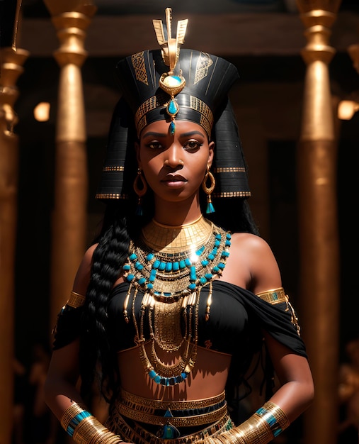 photo du corps entier d'une reine noire d'egypte portant et montrant tous les costumes de sa culture