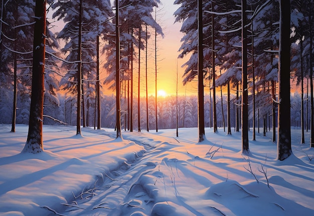 Photo du coucher de soleil d'hiver belle forêt naturelle avec arbres et neige