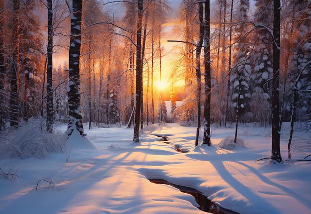 Photo du coucher de soleil d'hiver belle forêt naturelle avec arbres et neige