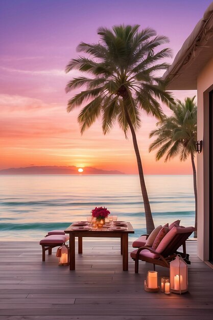 Photo du coucher de soleil romantique sur la plage de l'océan violet avec un dîner à la chandelle sur la plage