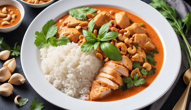 Une photo du curry rouge au poulet et à la noix de cajou avec du riz et des herbes, un plat d'inspiration thaïlandaise magnifique.