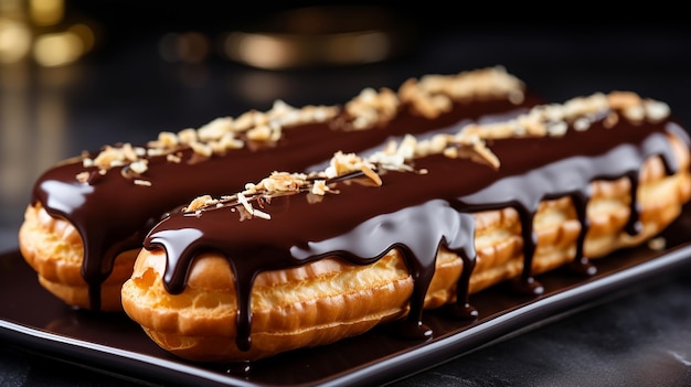 Photo du dessert d'Eclairs sur assiette avec des décorations supérieures