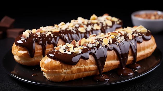 Photo du dessert d'Eclairs sur assiette avec des décorations supérieures