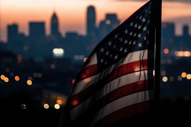 Photo du drapeau américain devant l'effet bokeh du paysage urbain en arrière-plan Generative AI