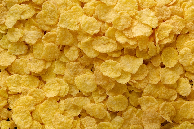 Photo du haut des grains de cornflake où la lumière tombe sur eux latéralement pour mettre en évidence leur texture