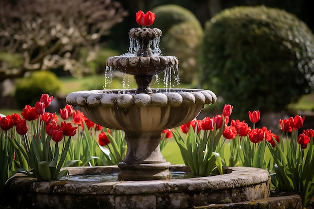 Photo du jardin de tulipes avec une fontaine en pierre