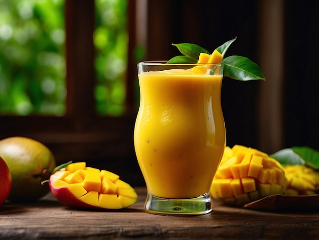 Photo du jus de mangue et de la mangue sur une table