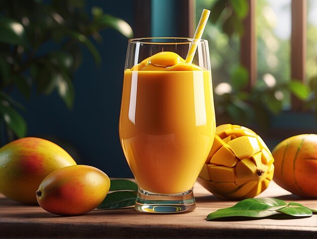 Photo du jus de mangue et de la mangue sur une table