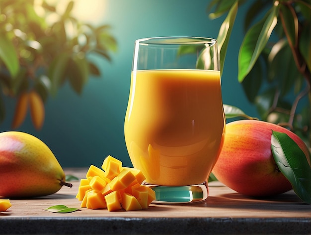 Photo du jus de mangue et de la mangue sur une table