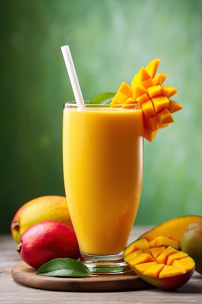 Photo du jus de mangue et de la mangue sur une table