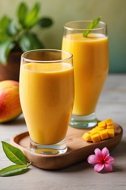 Photo du jus de mangue et de la mangue sur une table