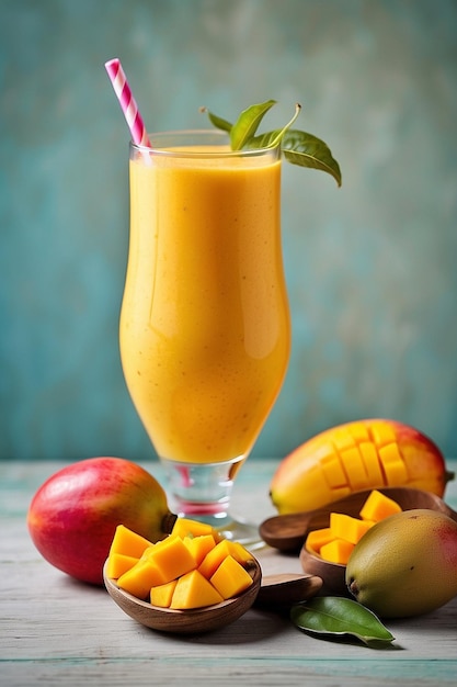 Photo du jus de mangue et de la mangue sur une table