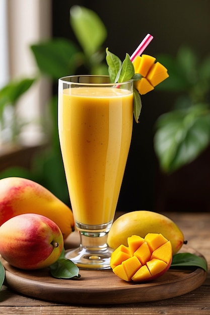 Photo du jus de mangue et de la mangue sur une table