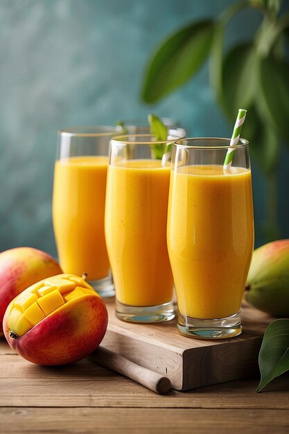 Photo du jus de mangue et de la mangue sur une table