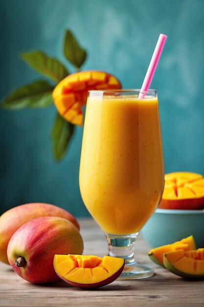 Photo du jus de mangue et de la mangue sur une table