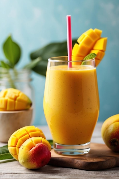 Photo du jus de mangue et de la mangue sur une table