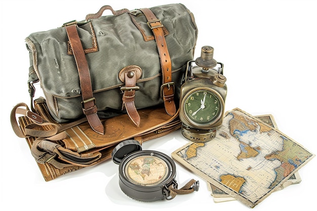Photo du kit d'aventure nomade isolé sur un fond blanc