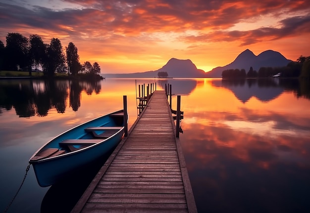 Photo photo du matin avec vue sur le lac et bateau