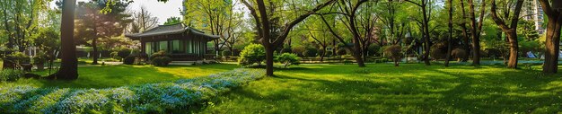 Photo photo du parc de printemps avec la maison bleue