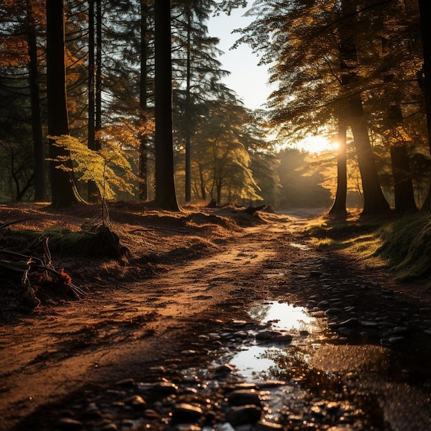 La photo du paysage d'automne de la forêt de l'heure d'or