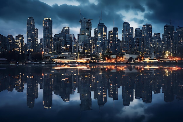 Une photo du paysage urbain nocturne se reflétant sur l'eau