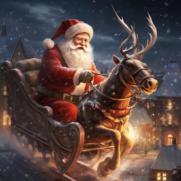 Photo du Père Noël à cheval sur un traîneau avec un cerf et une boîte cadeau
