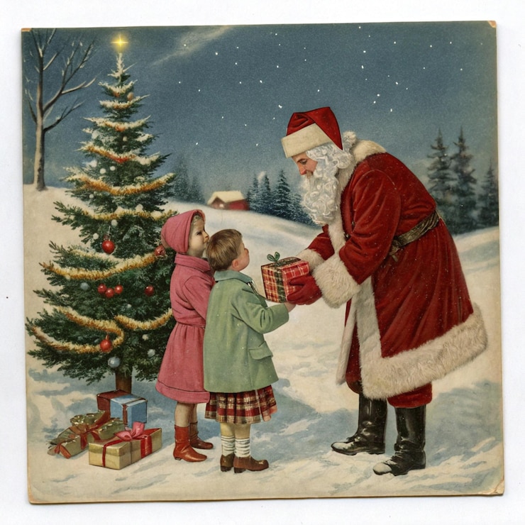 Photo une photo du père noël et d'une fille donnant un cadeau à une petite fille