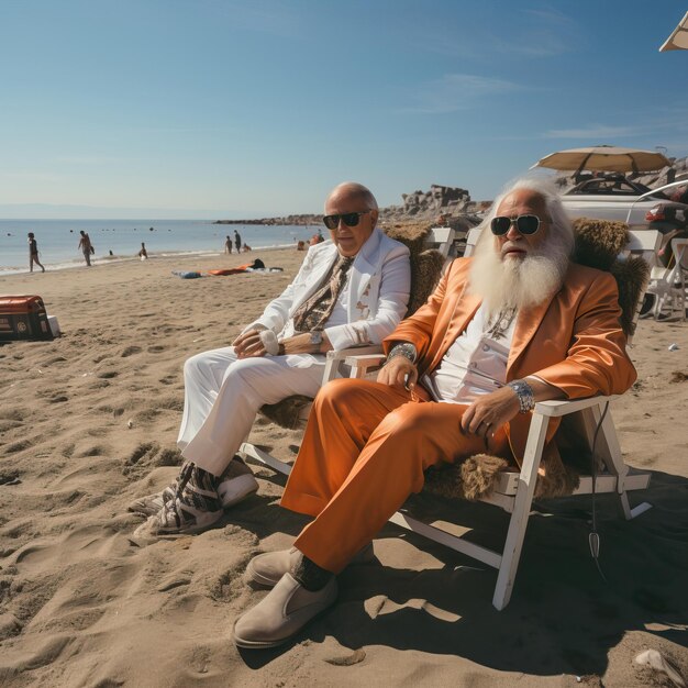 Photo photo du père noël et de l'homme sur la plage avec ses amis à la fête de noël 2024