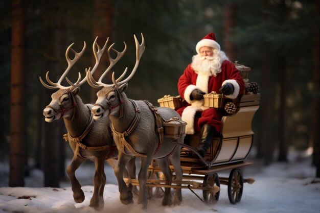 Photo du Père Noël sur un traîneau avec un cerf et une boîte à cadeaux