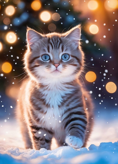 Photo du petit chat dans la neige à Noël