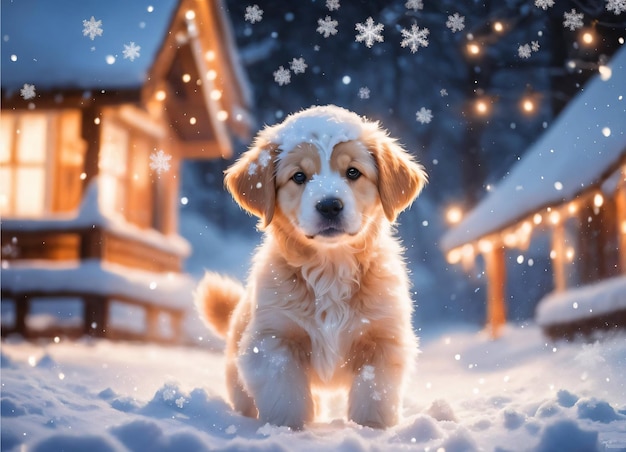 Photo du petit chiot dans la neige à Noël