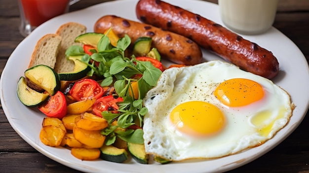 Photo du petit-déjeuner et du dîner avec des saucisses frites Bulls Eye Oeufs Courgettes