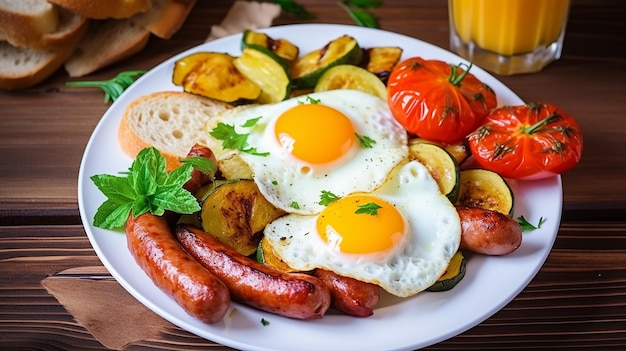 Photo du petit-déjeuner et du dîner avec des saucisses frites Bulls Eye Oeufs Courgettes