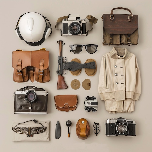 Photo photo du photographe vintage knolling flat lays photo rétro vue supérieure profession de classement des couleurs