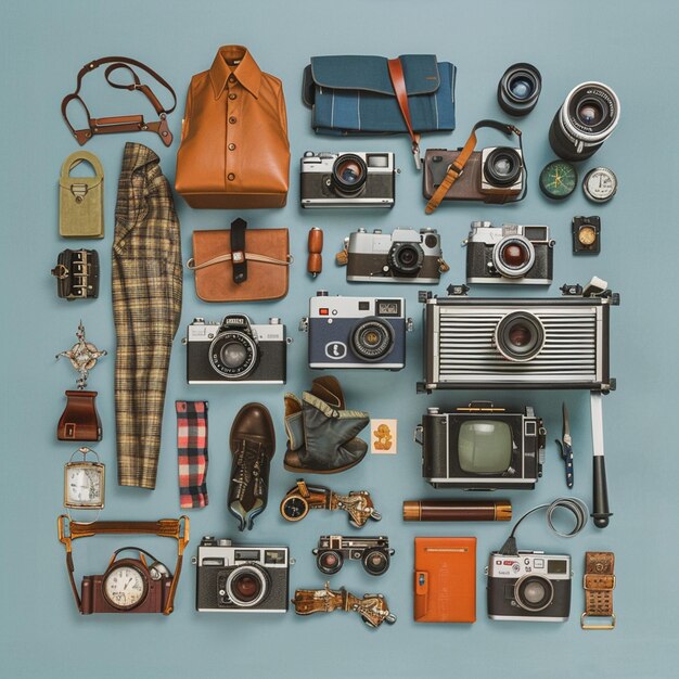 Photo photo du photographe vintage knolling flat lays photo rétro vue supérieure profession de classement des couleurs