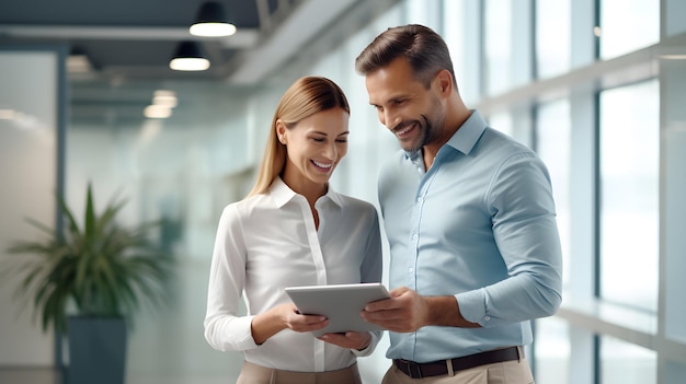 photo du portrait d'un homme et d'une femme professionnels souriants dans un environnement de bureau moderne