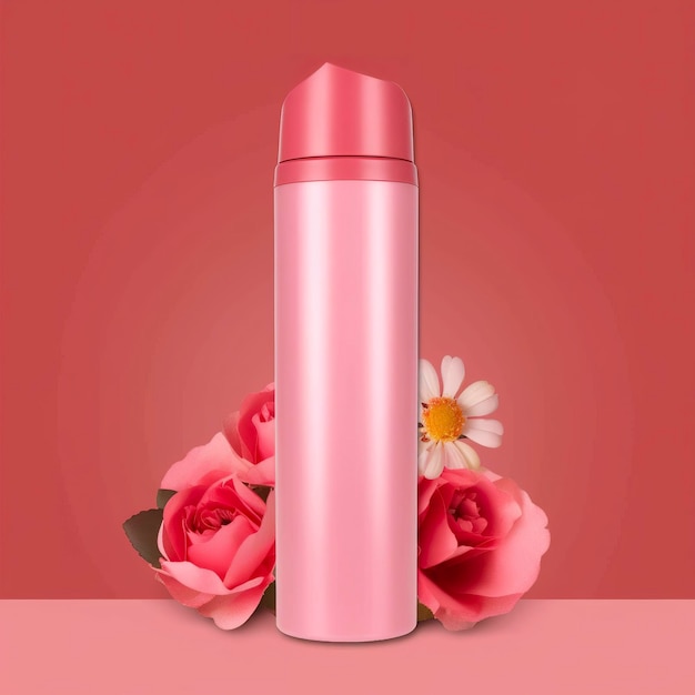 Photo du produit Amazon Bouteille cylindrique de lavage du corps Couleur unie fond rose avec roses AI Generative