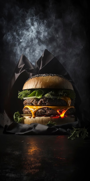 Photo du produit d'un délicieux hamburger énorme sur fond sombre restaurant