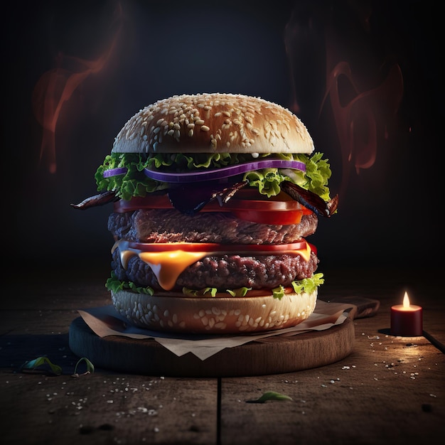 Photo du produit Lumière cinématographique réaliste le plus délicieux énorme burger fond sombre ai génératif