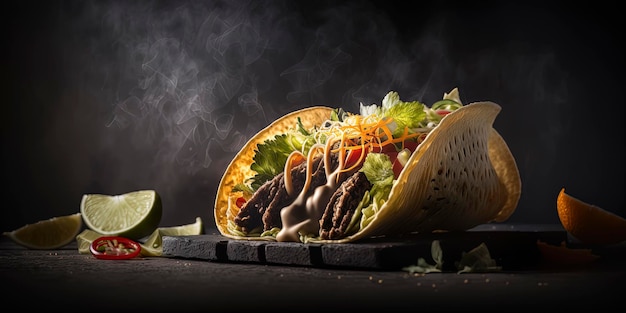 Photo du produit des tacos mexicains les plus délicieux sur fond sombre restaurant