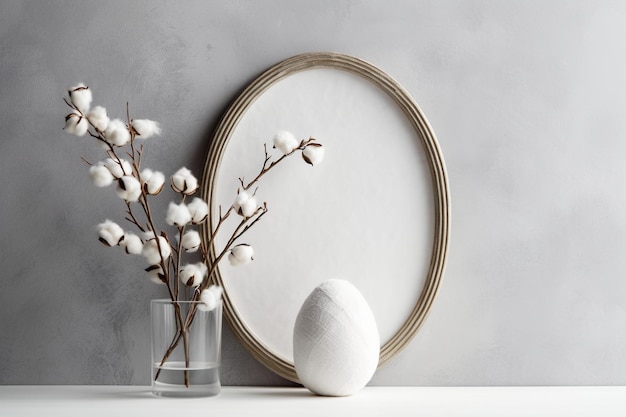 Photo du produit vue de face du cadre ovale blanc avec des branches de coton sauvage dans un vase en verre