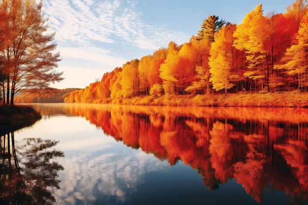 Photo du reflet des arbres d'automne dans un lac forestier