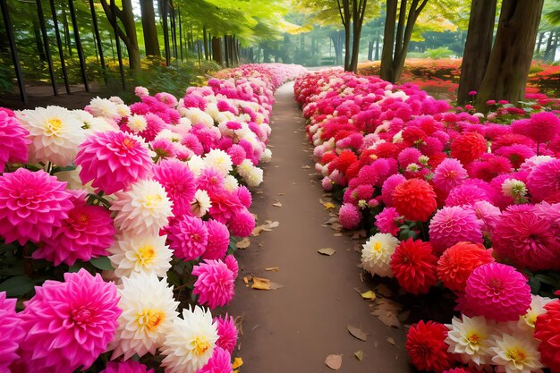 Photo du sentier du jardin bordé de dahlias en fleurs Jardin de fleurs