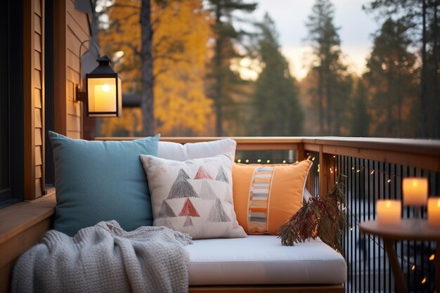 Photo du soir du balcon de la cabine avec des coussins moelleux