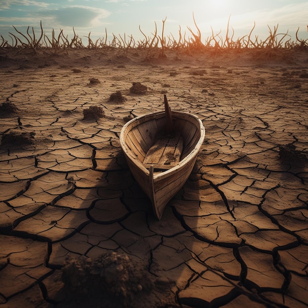 Photo du sol fissuré par la sécheresse et du bateau en bois sur le sol