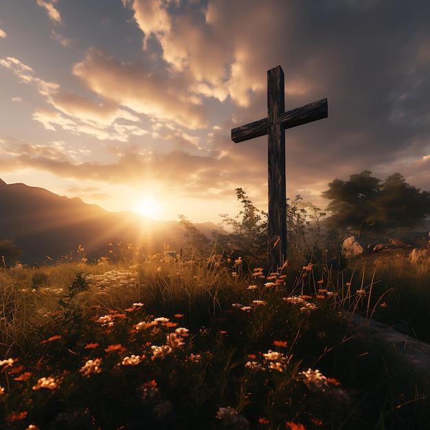 Photo du symbole de la Sainte Croix avec une scène de coucher de soleil paisible en forme de soleil avec des palmiers du Vendredi Saint de Pâques