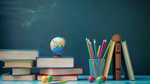 Photo du tableau noir et des papiers de stationnaire de retour à l'école concept d'éducation et de concept d'école